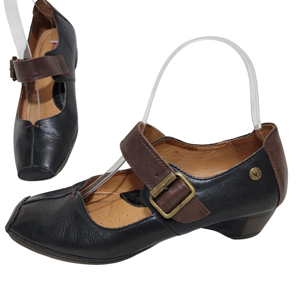 Pikolinos Gandia Mary Janes Black‎ Brown Leather Mary Square Toe Sz 36 EU 5.5-6